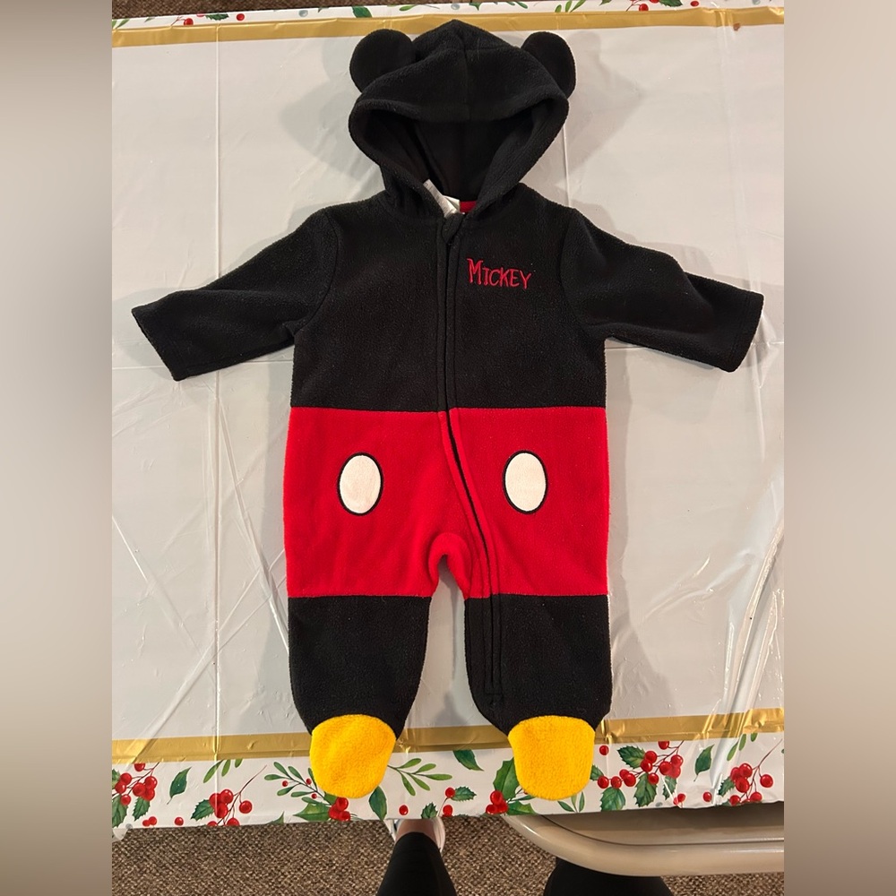 Disney Baby Mickey Mouse 0-3M Hooded Fleece Zipped Bodysuit/Sleeper
